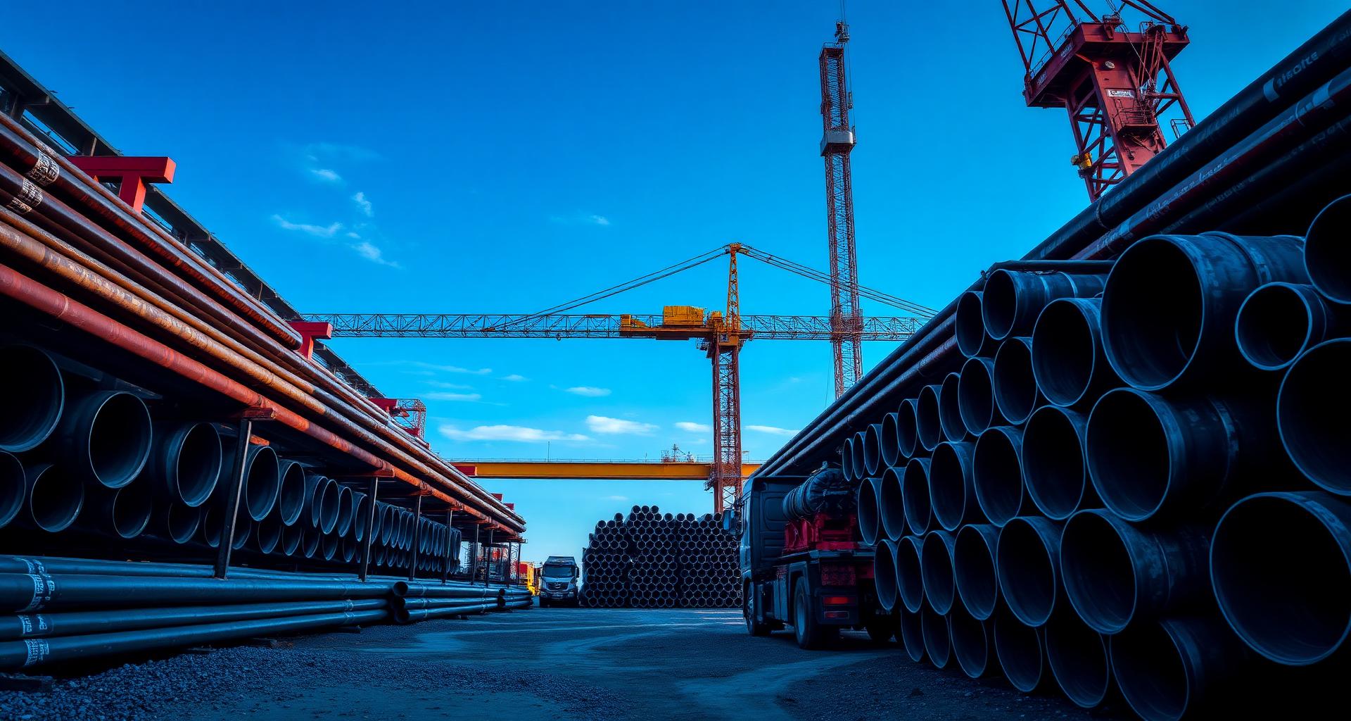 Steel pipes stacked at an industrial yard with cranes loading pipes for construction